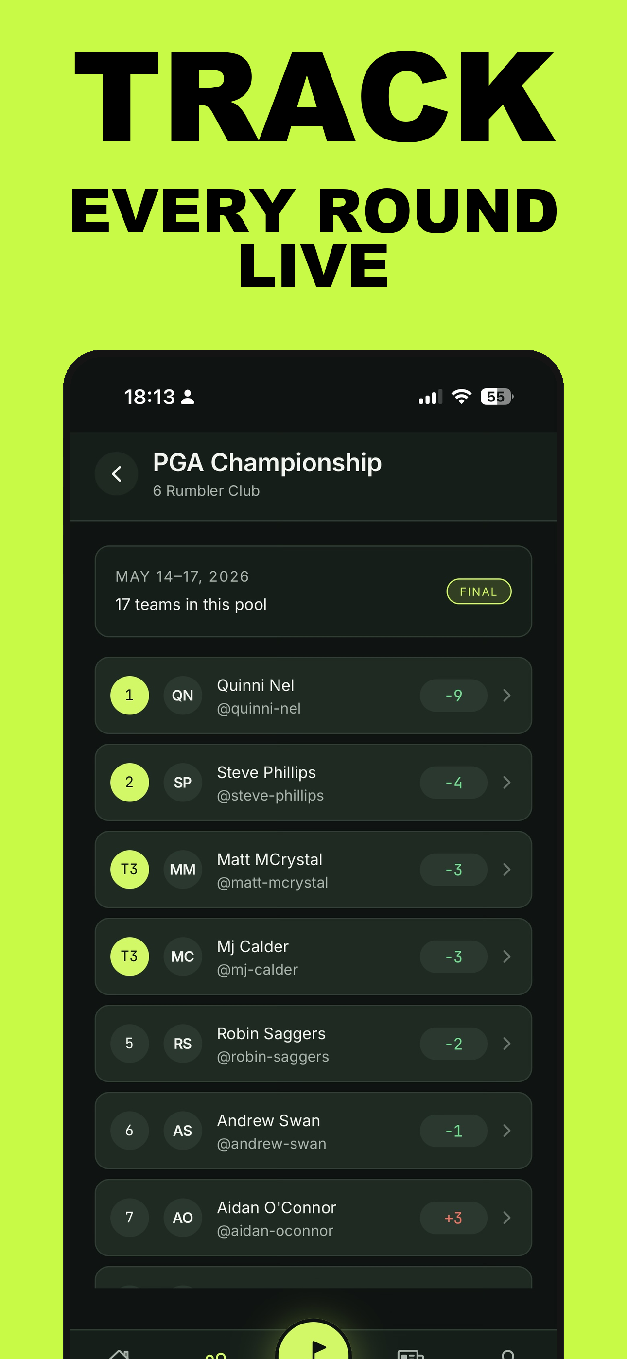 Live tournament leaderboard updating round by round.