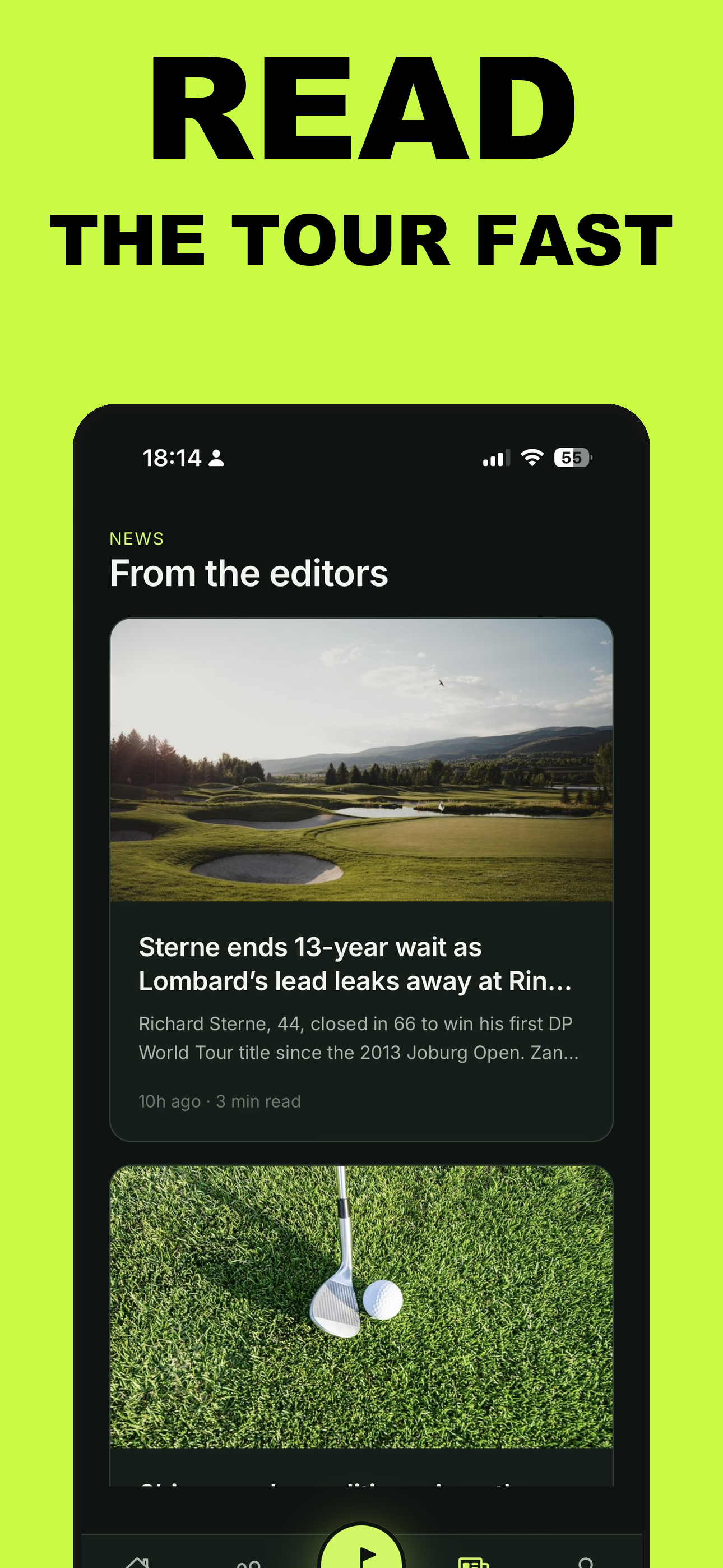 In-app News tab with editorial PGA Tour coverage.